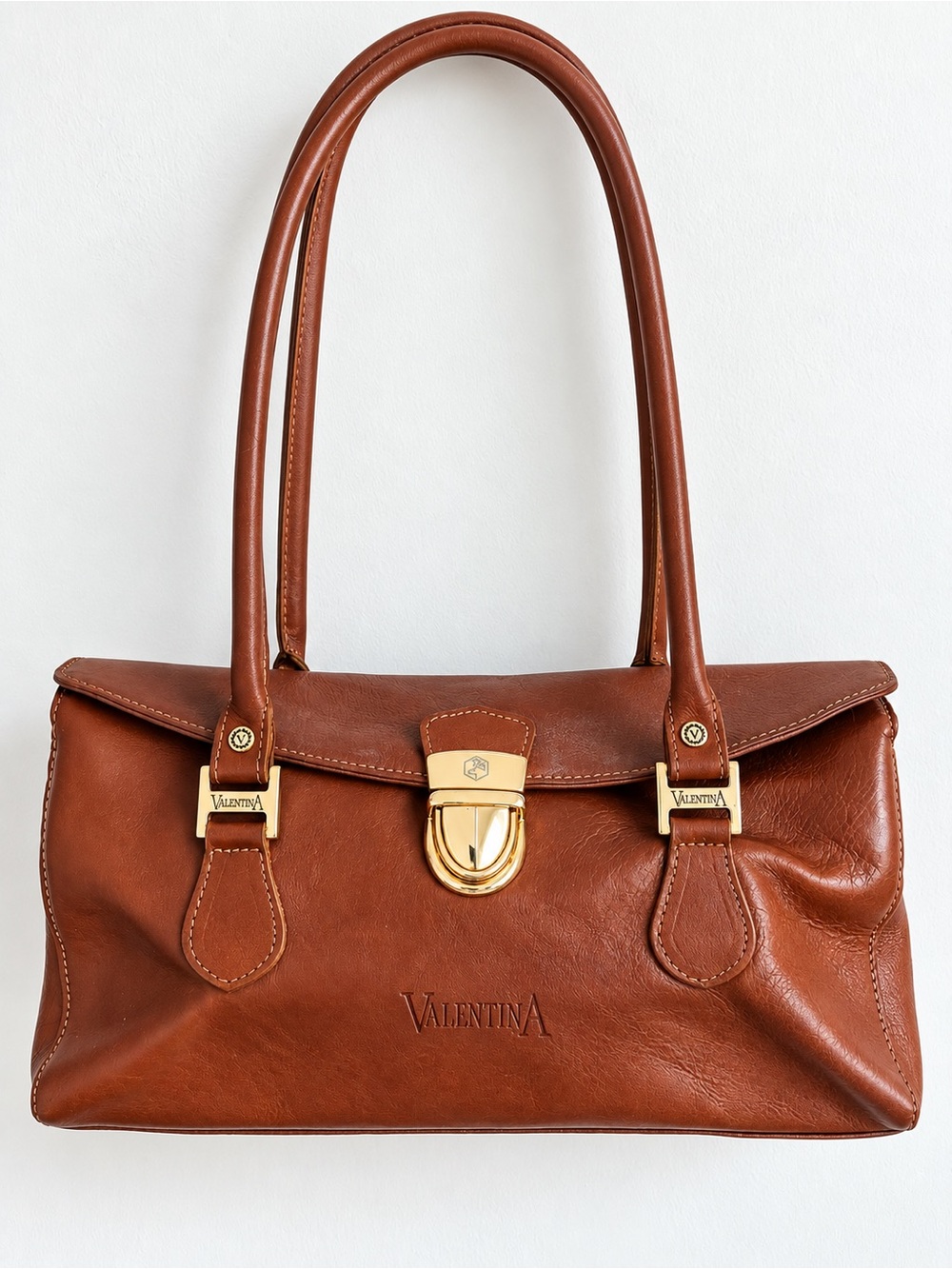 Valentina Brown Leather Satchel Shoulder Bag Gold Hardware Vintage
